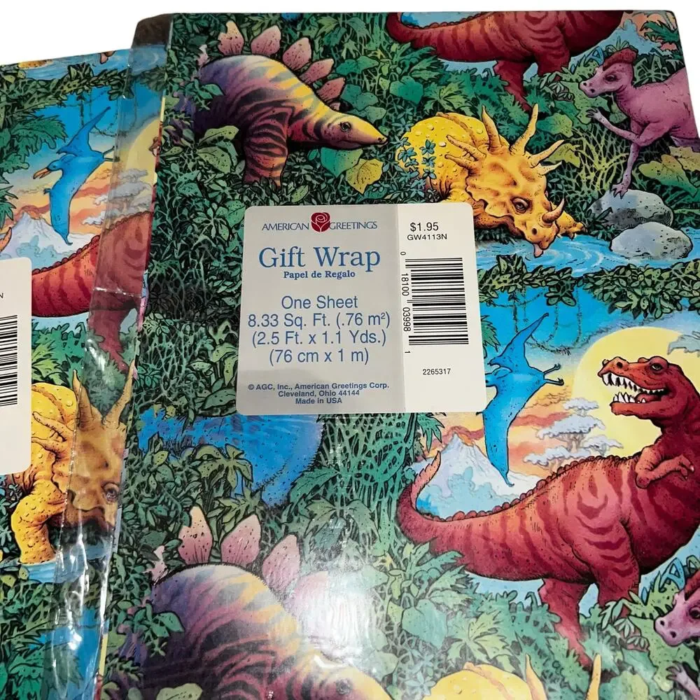 vintage 90s Dinosaur Gift Wrap lot of 3 American Greeting Colorful One Sheet